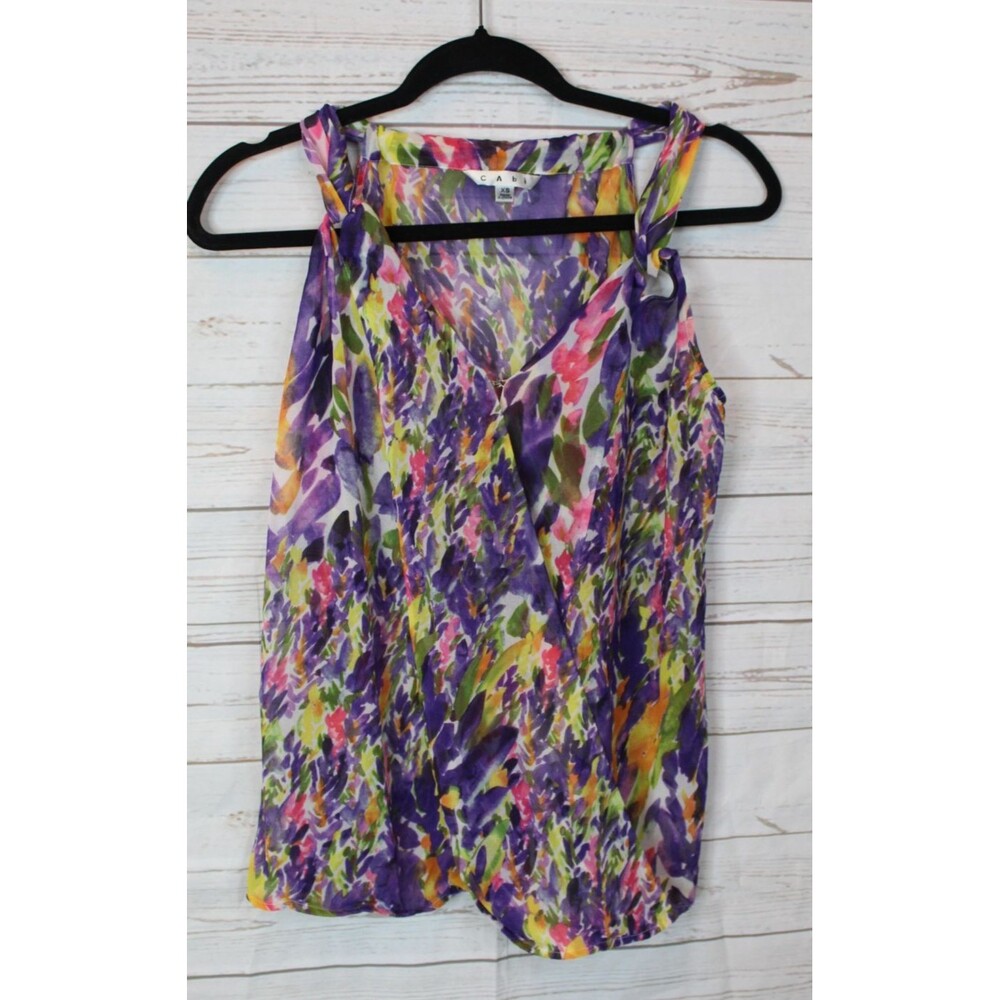CAbi Petals Top #730 XS Watercolor Floral Sheer Faux Wrap Sleeveless Blouse - Picture 2 of 6